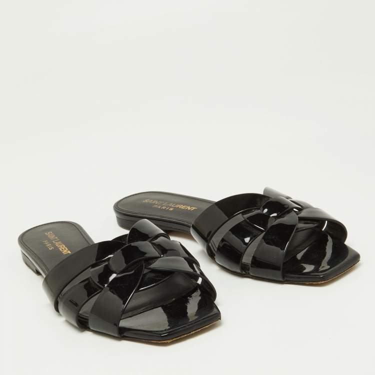 Pre Owned Saint Laurent Black Patent Leather Tribute Flat Slides Size 36