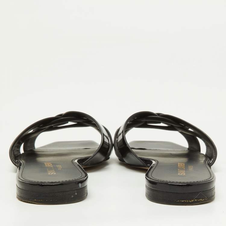Pre Owned Saint Laurent Black Patent Leather Tribute Flat Slides Size 36