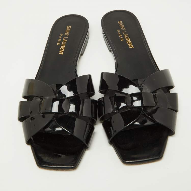 Pre Owned Saint Laurent Black Patent Leather Tribute Flat Slides Size 36
