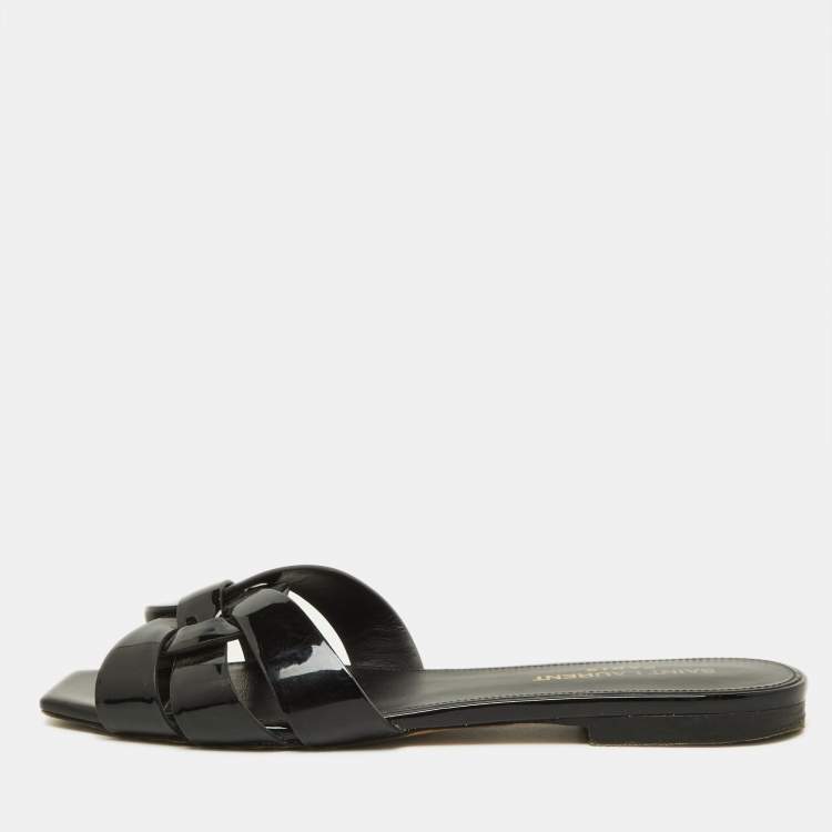 Pre Owned Saint Laurent Black Patent Leather Tribute Flat Slides Size 36