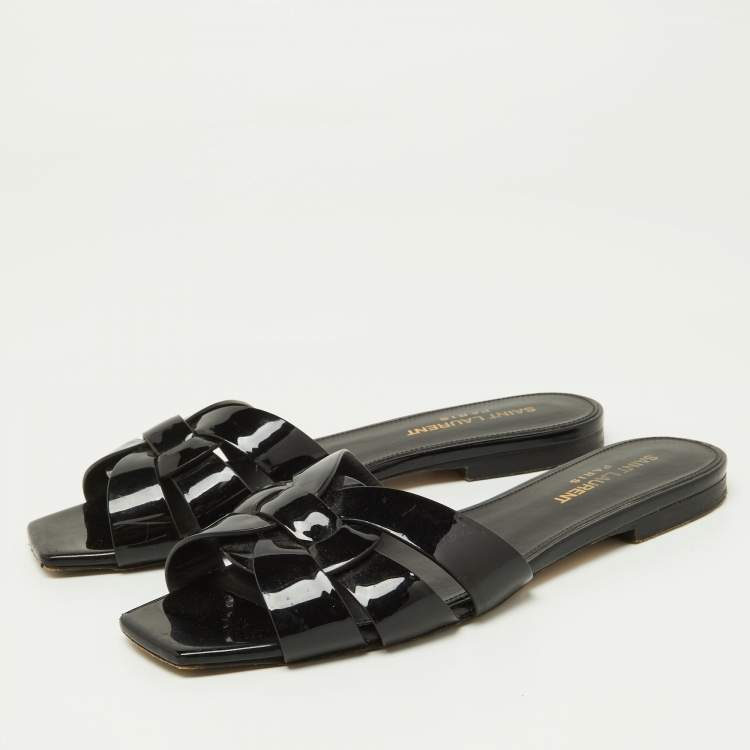 Pre Owned Saint Laurent Black Patent Leather Tribute Flat Slides Size 36
