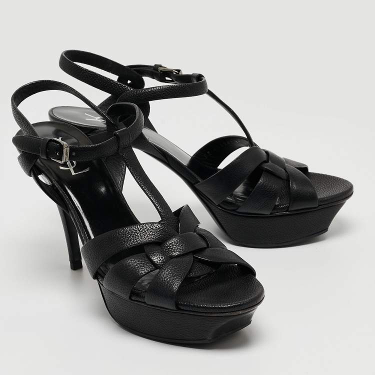 Pre Owned Saint Laurent Paris Black Leather Tribute Ankle Strap Sandals Size 39.5