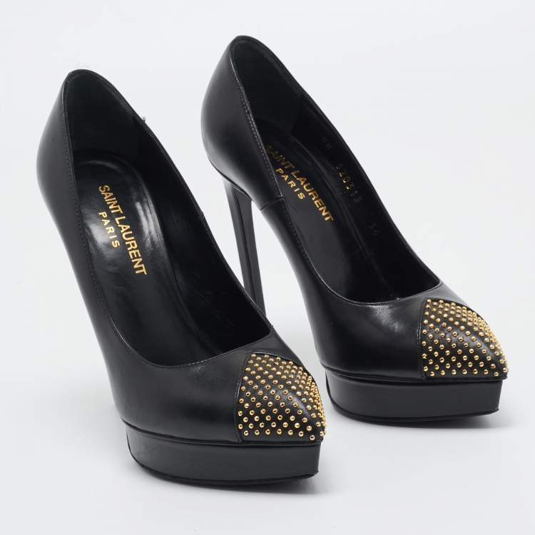 Pre Owned Saint Laurent Black Leather Studded Platform Pumps Size 36