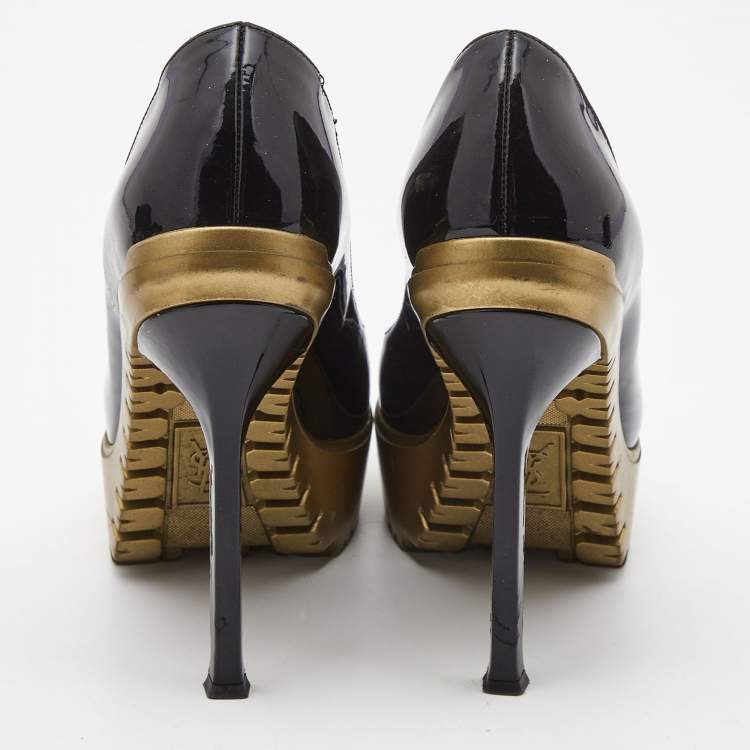Pre Owned Saint Laurent Black Patent Leather Platform Round Toe Pumps Size 36