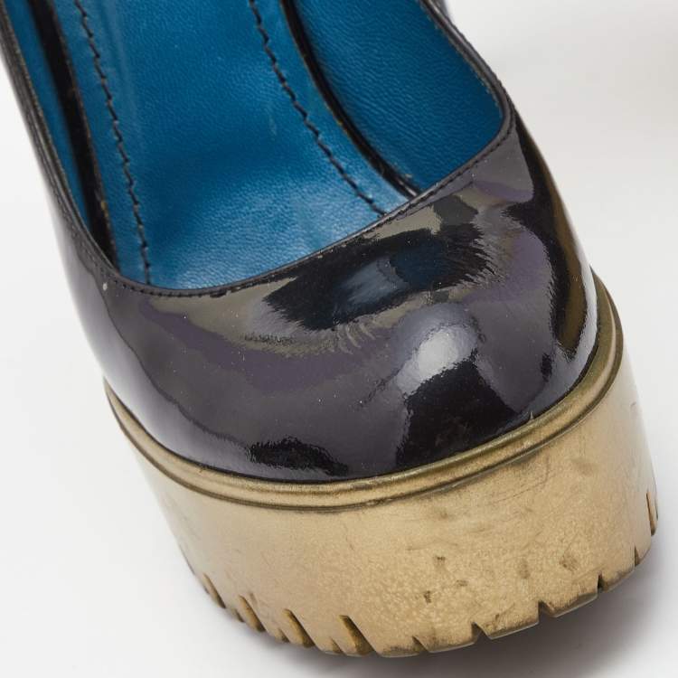 Pre Owned Saint Laurent Black Patent Leather Platform Round Toe Pumps Size 36