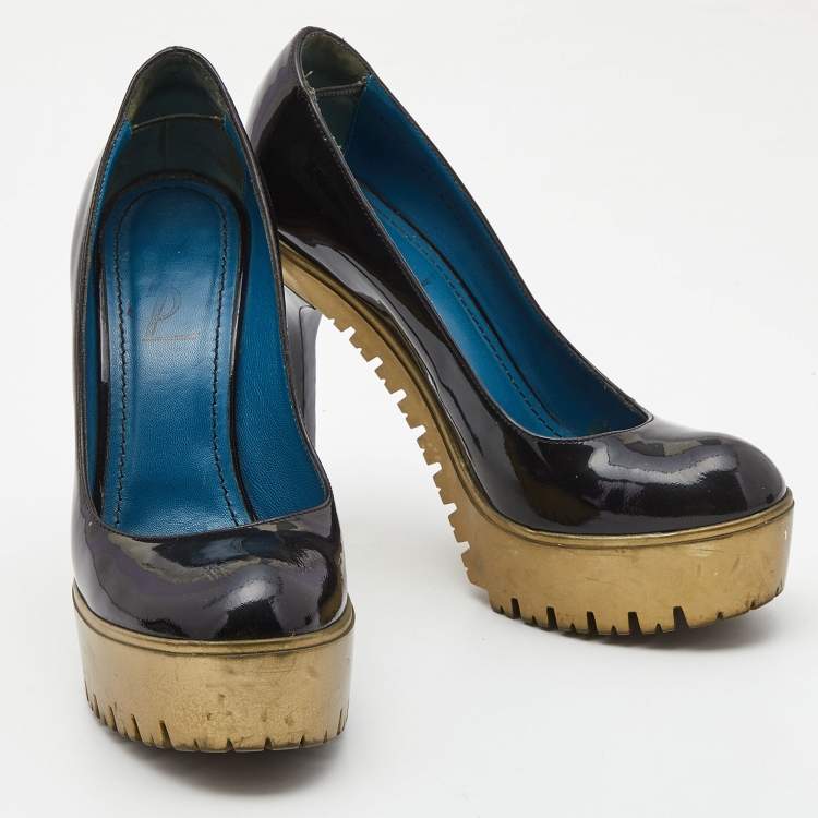Pre Owned Saint Laurent Black Patent Leather Platform Round Toe Pumps Size 36