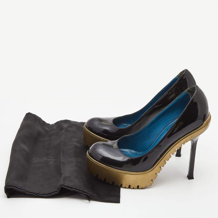 Pre Owned Saint Laurent Black Patent Leather Platform Round Toe Pumps Size 36