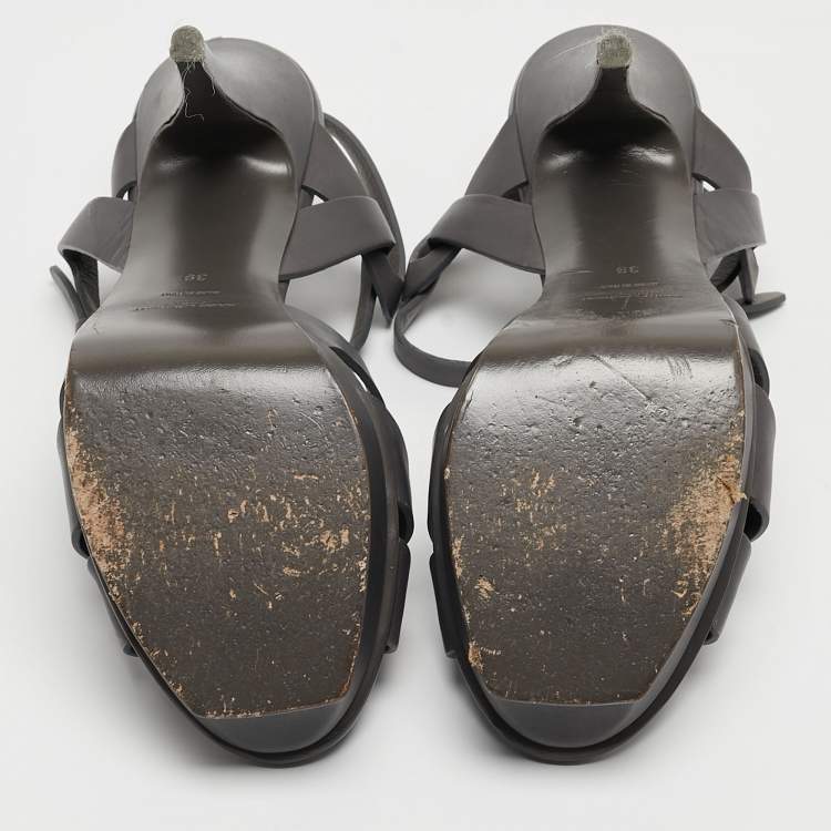 Pre Owned Saint Laurent Grey Leather Tribute Sandals Size 39