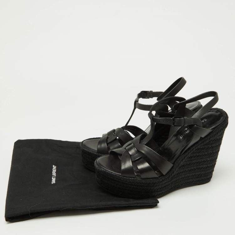Pre Owned Saint Laurent Black Leather Tribute Espadrilles Wedge Sandals Size 38