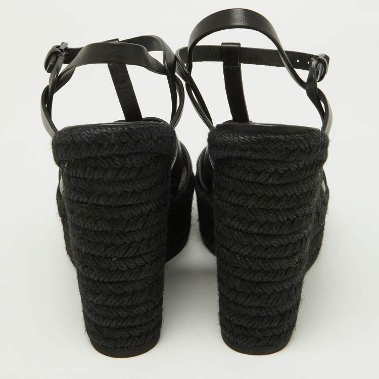 Pre Owned Saint Laurent Black Leather Tribute Espadrilles Wedge Sandals Size 38
