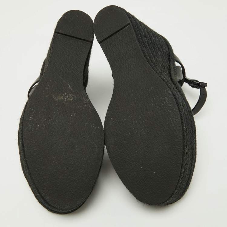 Pre Owned Saint Laurent Black Leather Tribute Espadrilles Wedge Sandals Size 38