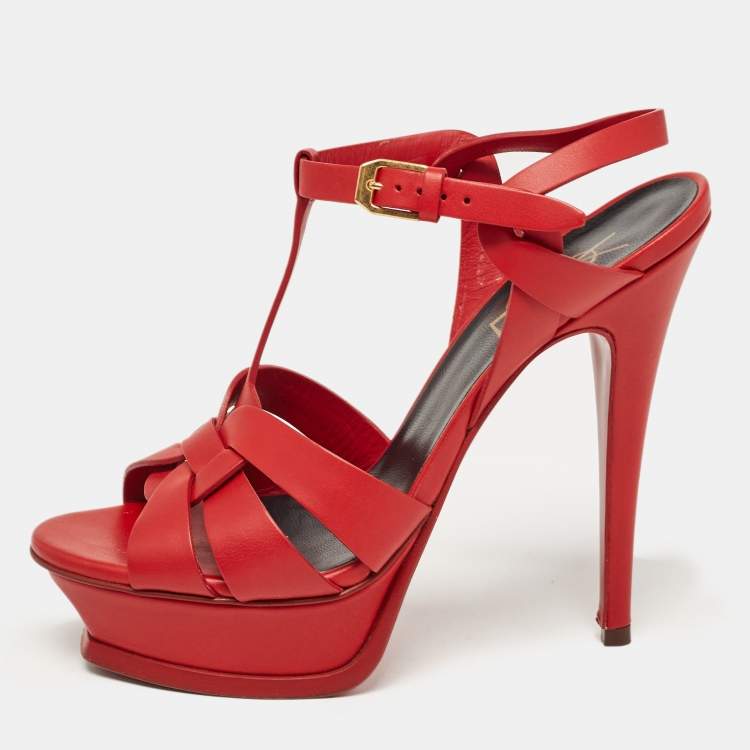 Pre Owned Saint Laurent Red Leather Tribute Sandals Size 36.5 