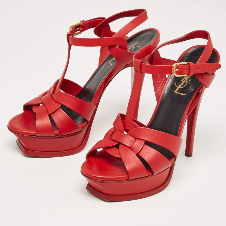 Pre Owned Saint Laurent Red Leather Tribute Sandals Size 36.5 