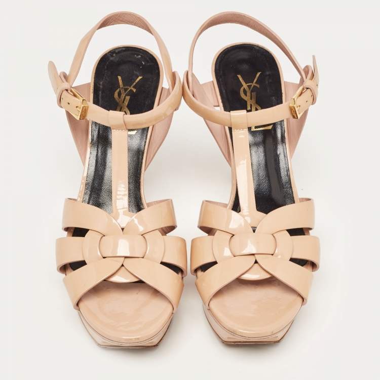 Pre Owned Saint Laurent Beige Patent Leather Tribute Sandals Size 36