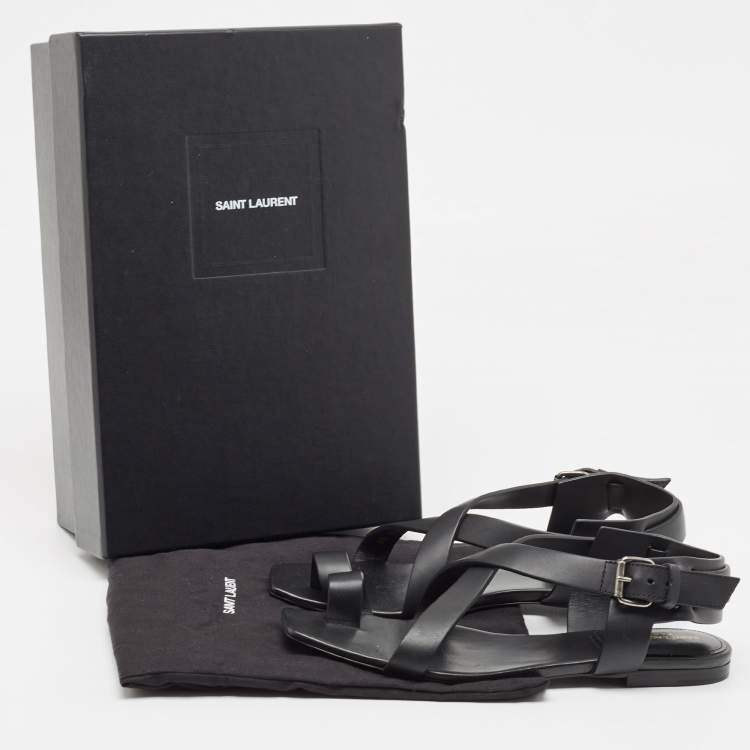 Pre Owned Saint Laurent Black Leather Toe Ring Slingback Flat Sandals Size 38