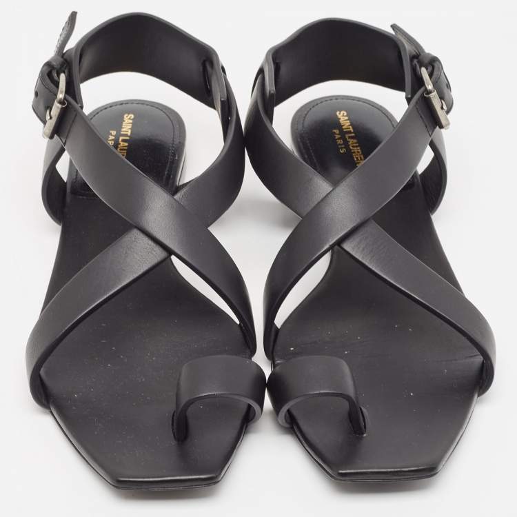 Pre Owned Saint Laurent Black Leather Toe Ring Slingback Flat Sandals Size 38