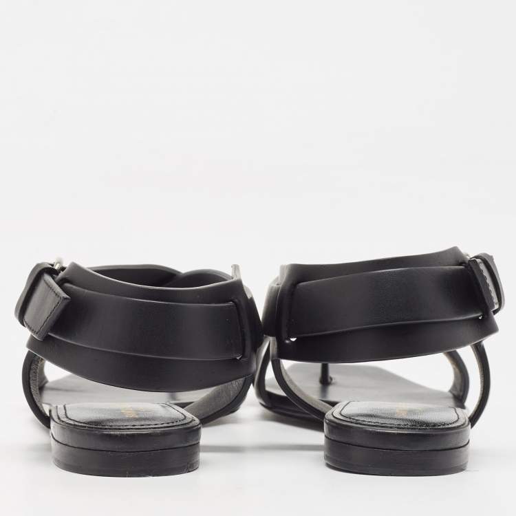 Pre Owned Saint Laurent Black Leather Toe Ring Slingback Flat Sandals Size 38