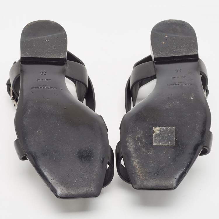 Pre Owned Saint Laurent Black Leather Toe Ring Slingback Flat Sandals Size 38