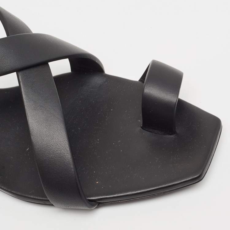 Pre Owned Saint Laurent Black Leather Toe Ring Slingback Flat Sandals Size 38