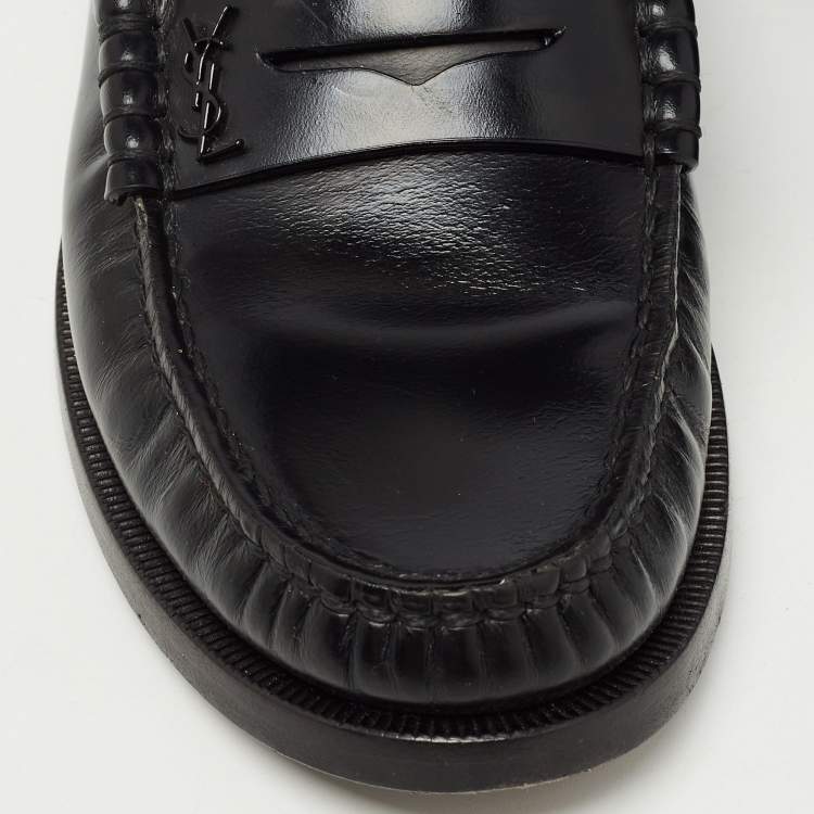 Pre Owned Saint Laurent Black Leather Slip On Loafers Size 35.5