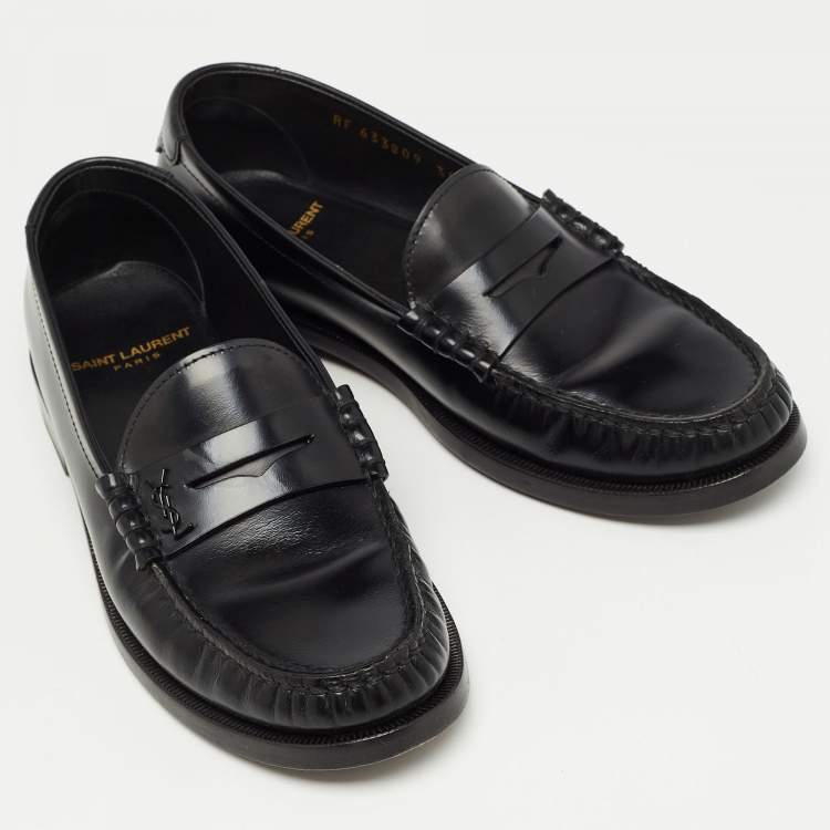 Pre Owned Saint Laurent Black Leather Slip On Loafers Size 35.5