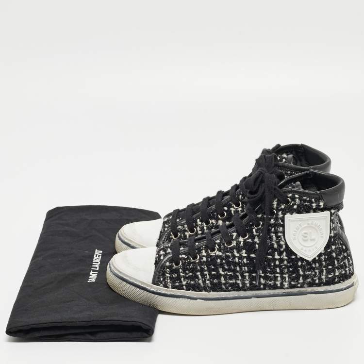 Pre Owned Saint Laurent White/Black Tweed and Leather Bedford High Sneakers Size 36