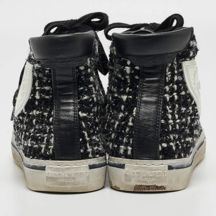 Pre Owned Saint Laurent White/Black Tweed and Leather Bedford High Sneakers Size 36