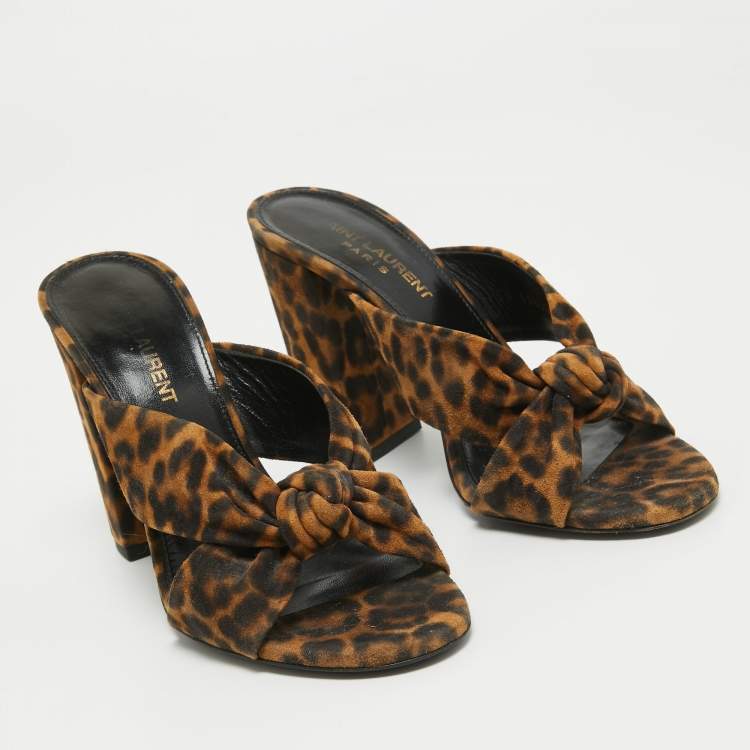 Pre Owned Saint Laurent Brown Leopard Print Suede Loulou Slide Sandals Size 36