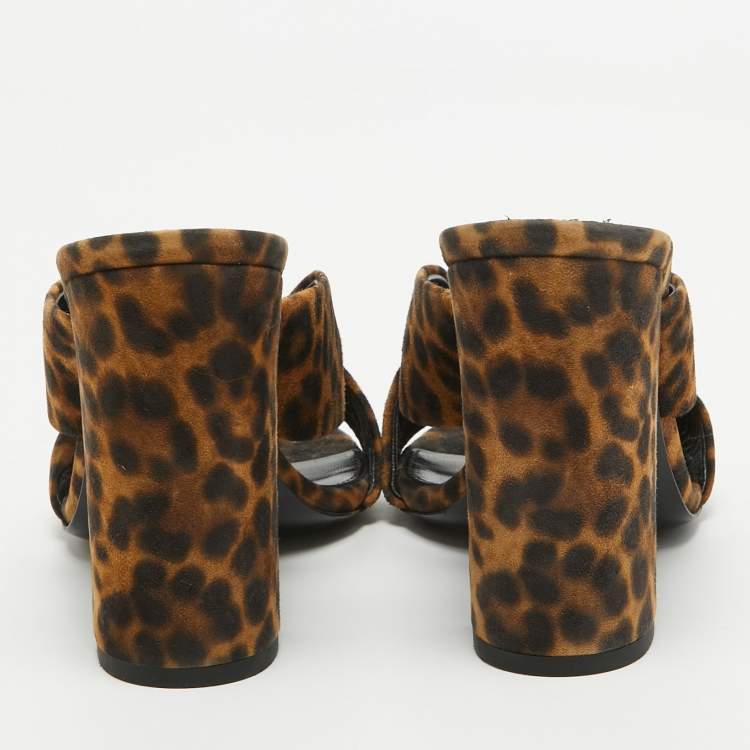Pre Owned Saint Laurent Brown Leopard Print Suede Loulou Slide Sandals Size 36