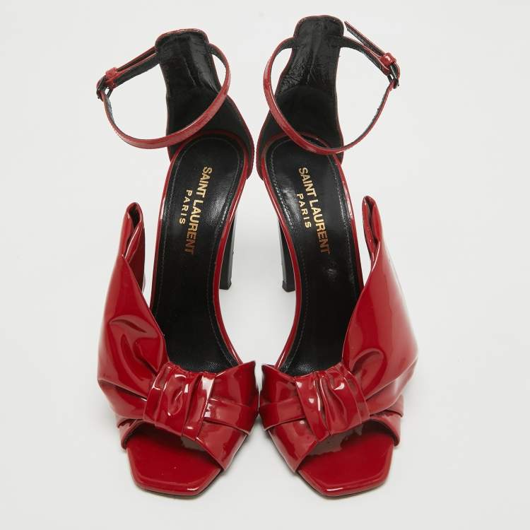Pre Owned Saint Laurent Red Patent Leather Freja Bow Sandals Size 36