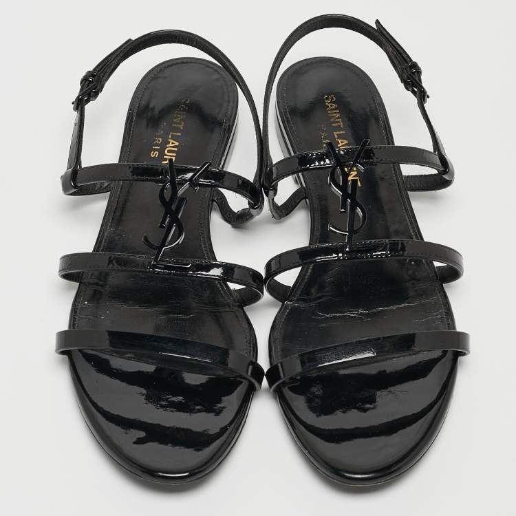 Pre Owned Saint Laurent Black Patent Leather Cassandra Flat Sandals Size 36
