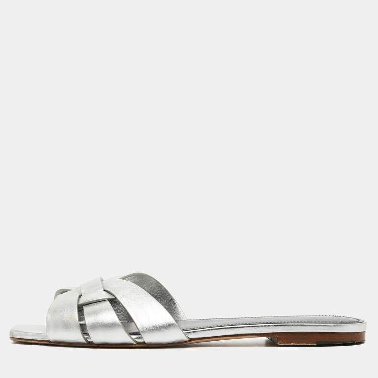 Pre Owned Saint Laurent Silver Leather Tribute Flat Slides Size 40