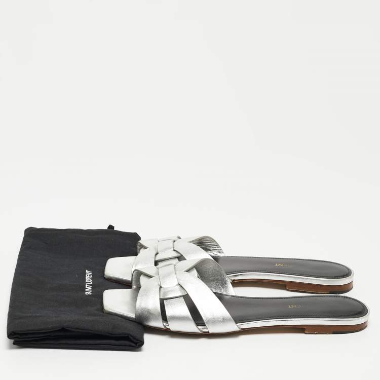 Pre Owned Saint Laurent Silver Leather Tribute Flat Slides Size 40