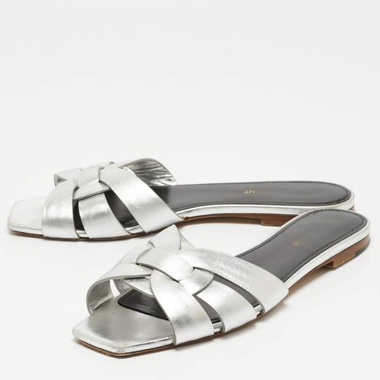 Pre Owned Saint Laurent Silver Leather Tribute Flat Slides Size 40