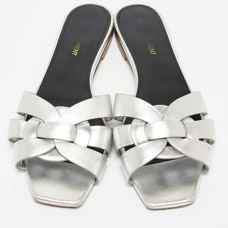 Pre Owned Saint Laurent Silver Leather Tribute Flat Slides Size 40