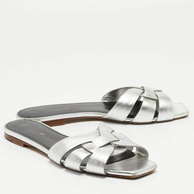 Pre Owned Saint Laurent Silver Leather Tribute Flat Slides Size 40