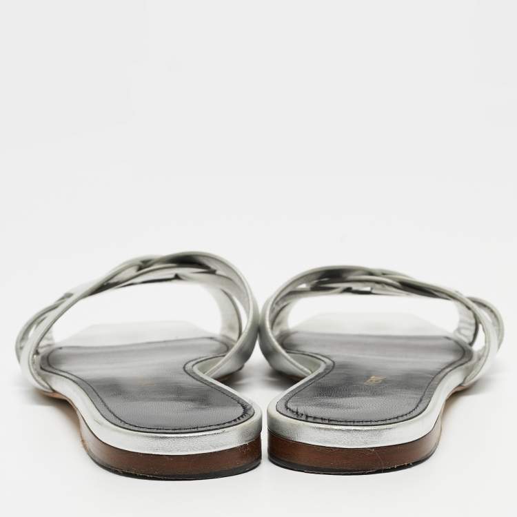 Pre Owned Saint Laurent Silver Leather Tribute Flat Slides Size 40