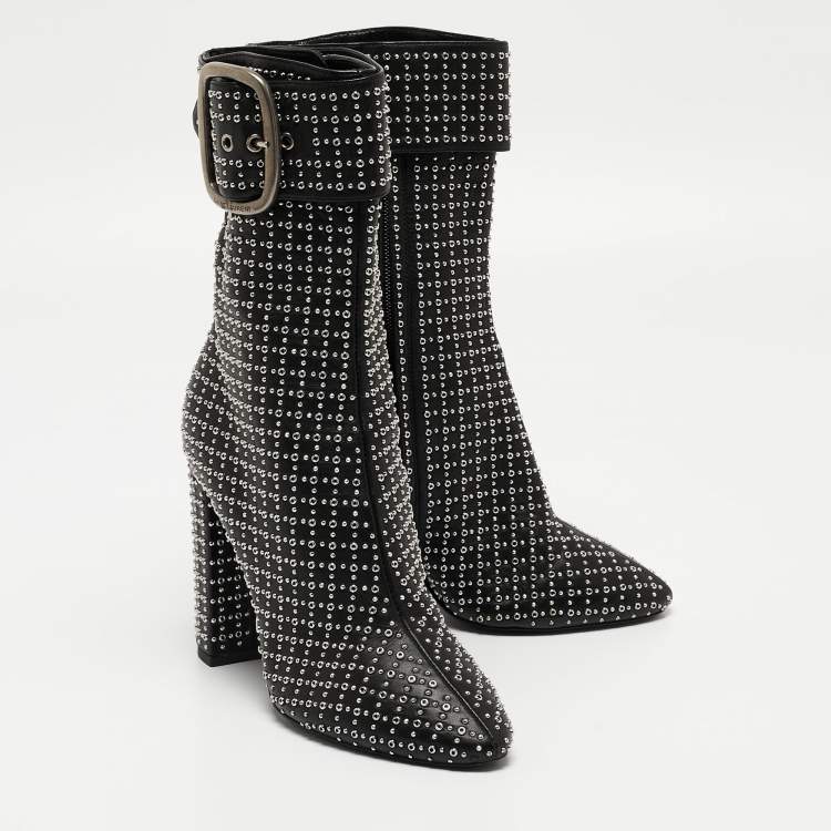 Pre Owned Saint Laurent Black Leather Buckle Ankle Boots Size 37