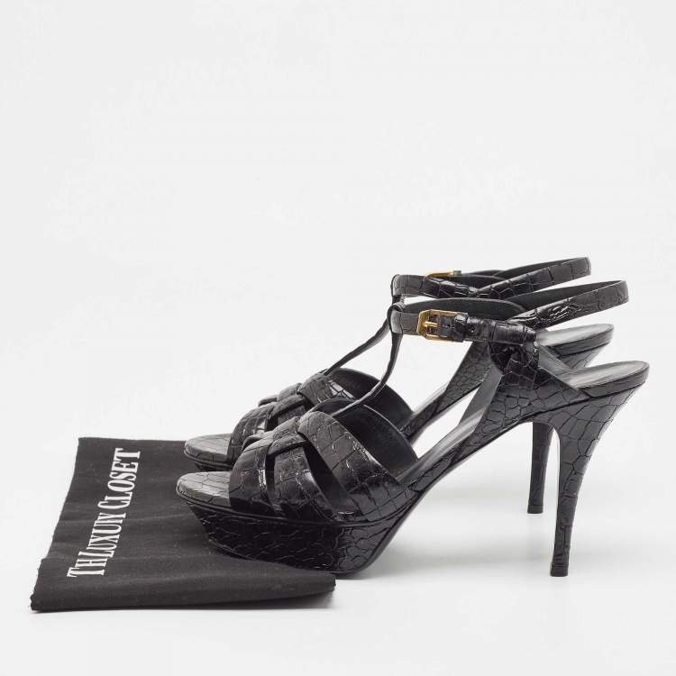 Pre Owned Saint Laurent Black Croc Embossed Leather Tribute Sandals Size 40.5