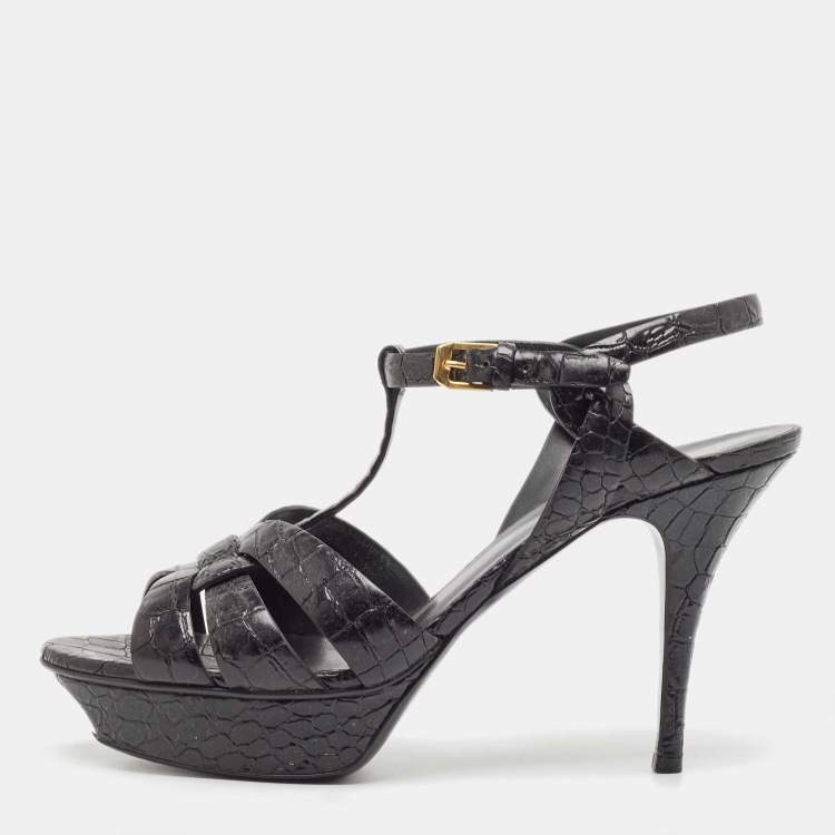 Pre Owned Saint Laurent Black Croc Embossed Leather Tribute Sandals Size 40.5