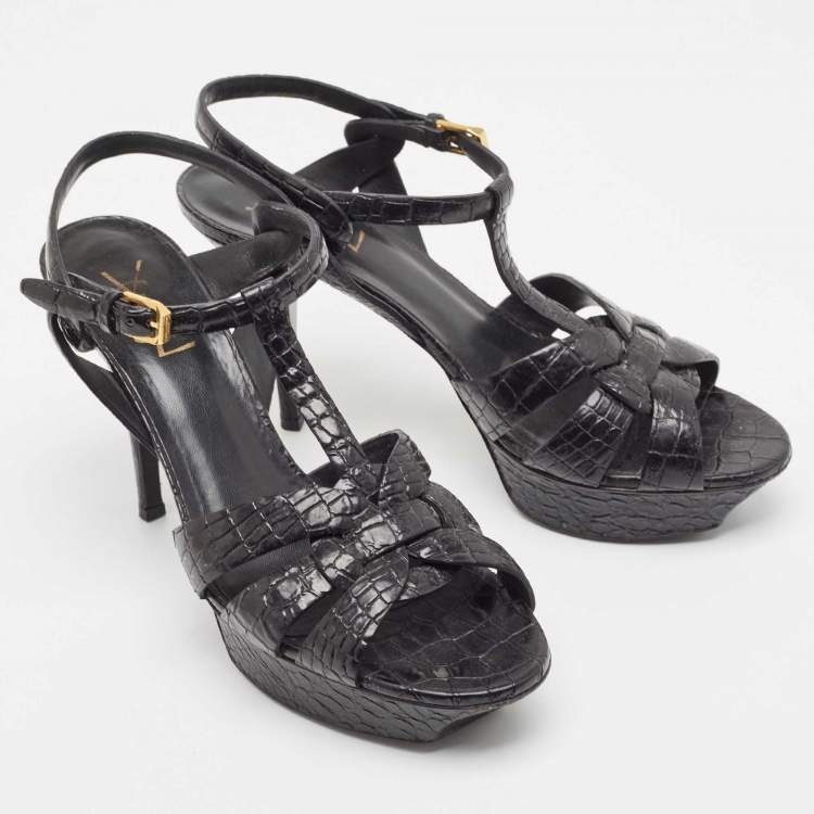 Pre Owned Saint Laurent Black Croc Embossed Leather Tribute Sandals Size 40.5