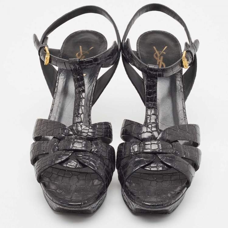 Pre Owned Saint Laurent Black Croc Embossed Leather Tribute Sandals Size 40.5