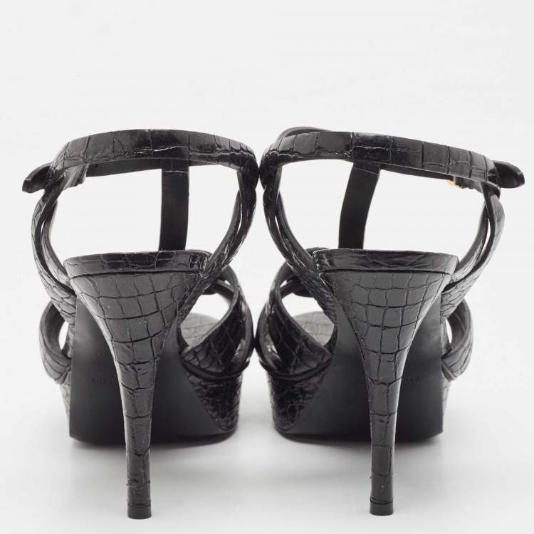 Pre Owned Saint Laurent Black Croc Embossed Leather Tribute Sandals Size 40.5