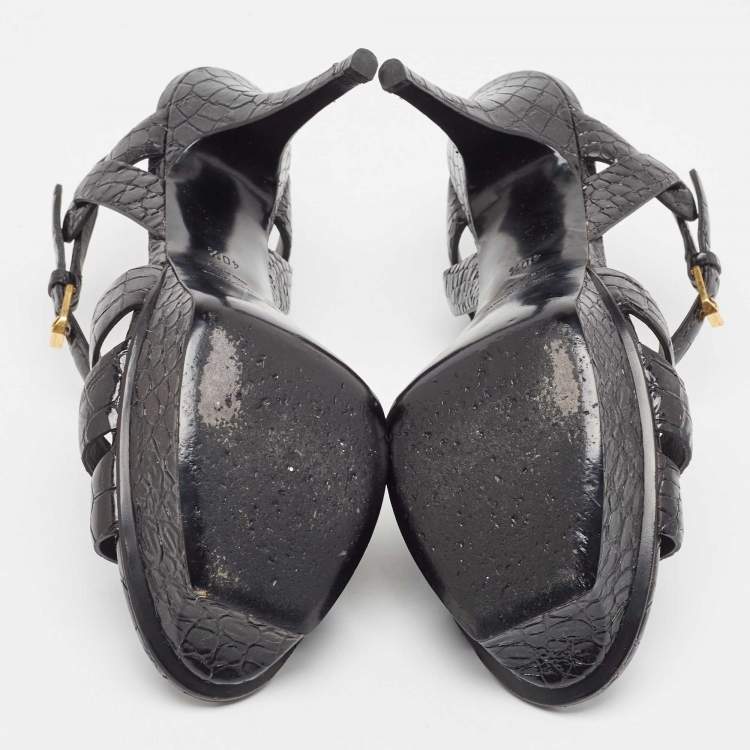 Pre Owned Saint Laurent Black Croc Embossed Leather Tribute Sandals Size 40.5