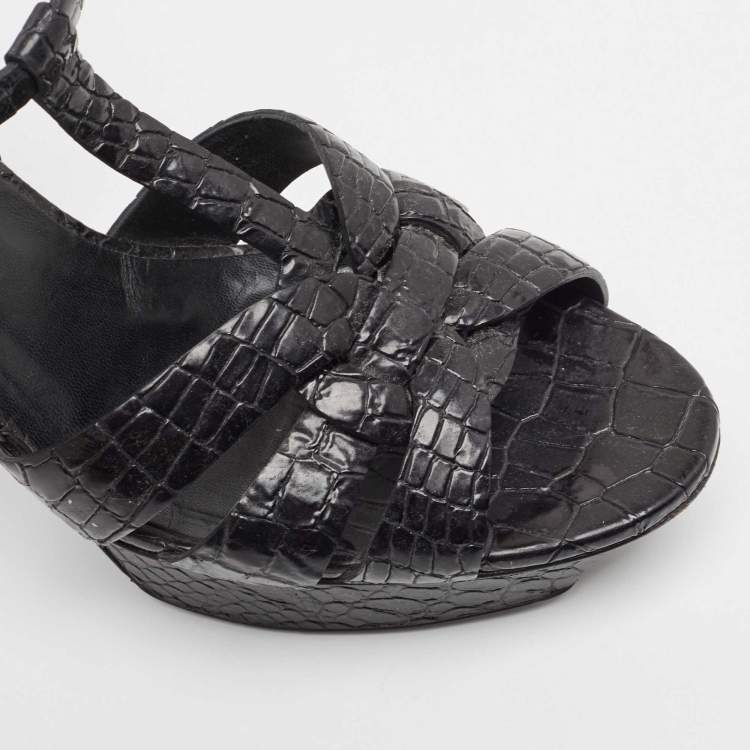 Pre Owned Saint Laurent Black Croc Embossed Leather Tribute Sandals Size 40.5