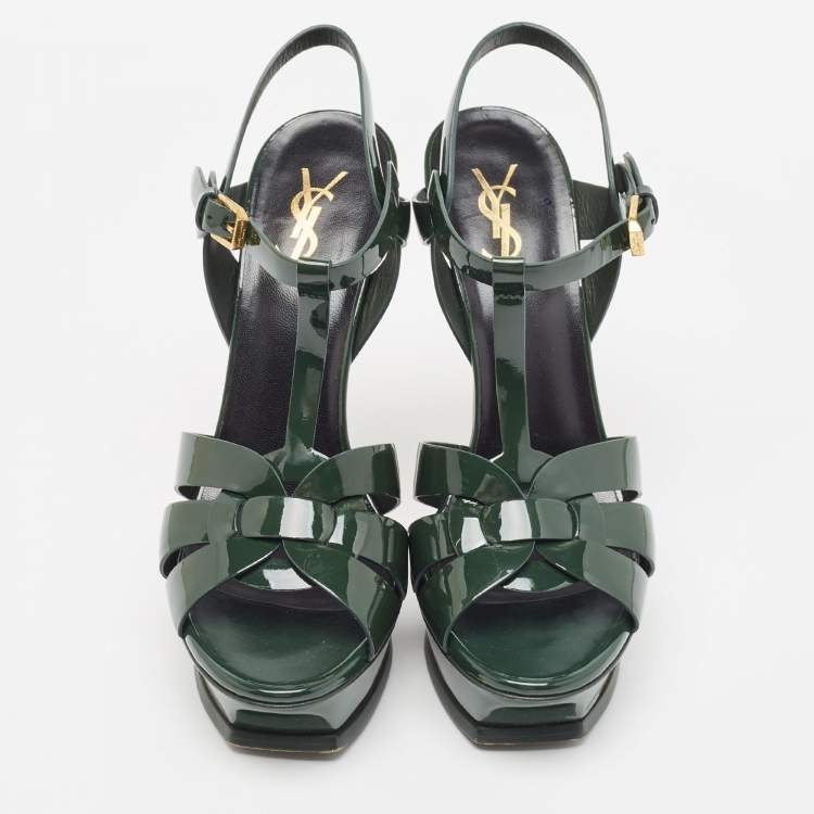 Pre Owned Saint Laurent Green Patent Leather Tribute Sandals Size 39