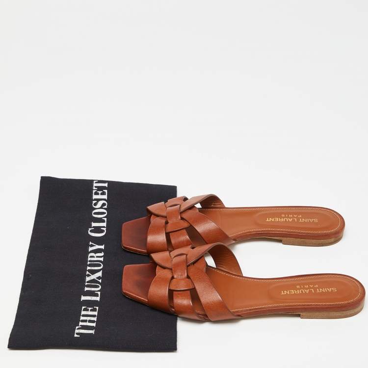 Pre Owned Saint Laurent Brown Leather Tribute Slides Size 36.5