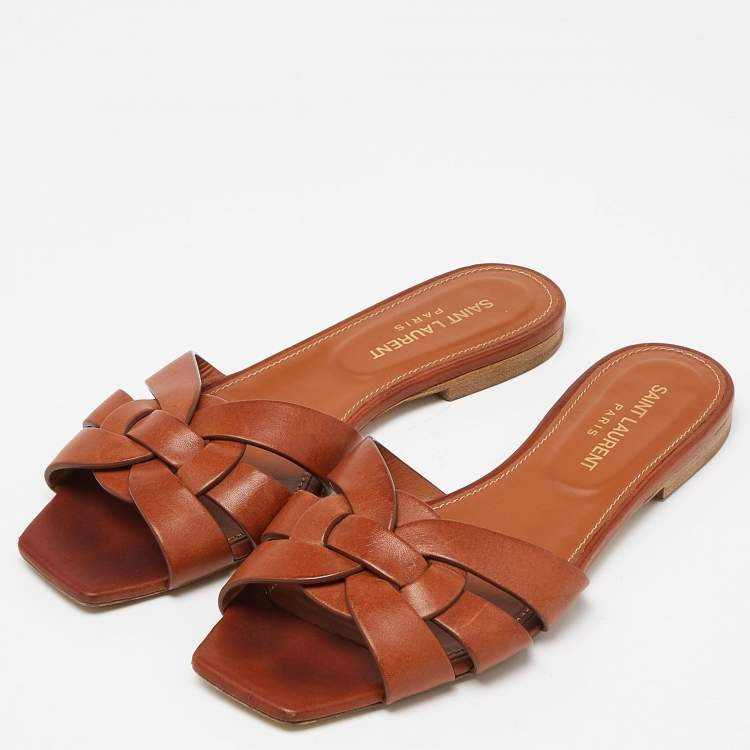 Pre Owned Saint Laurent Brown Leather Tribute Slides Size 36.5