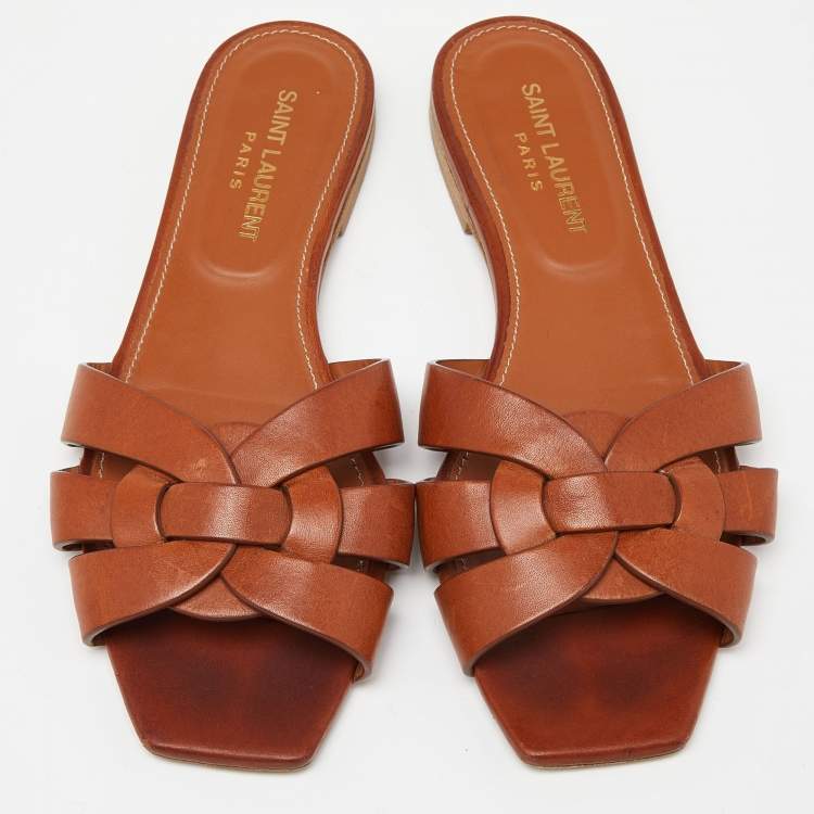Pre Owned Saint Laurent Brown Leather Tribute Slides Size 36.5