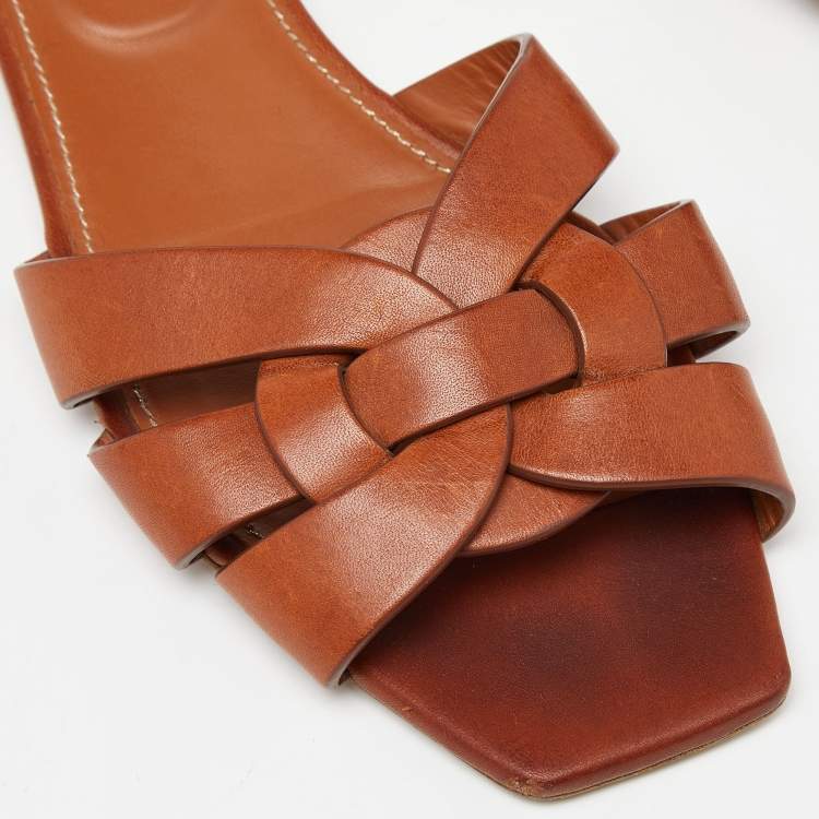 Pre Owned Saint Laurent Brown Leather Tribute Slides Size 36.5